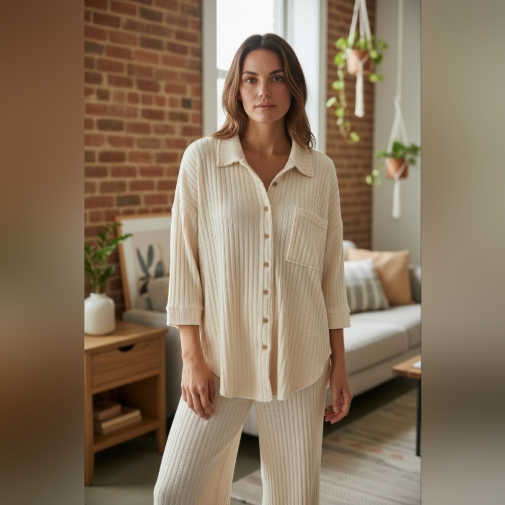 FP Beach by Free People Cozy Ribbed Lounge Set Top & Pants Sz XL